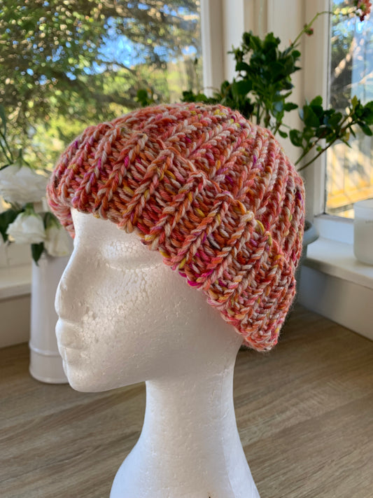 ‘Born in 2022’ Toddler to Teen knit hat - pink/cream/yellow/peach marled