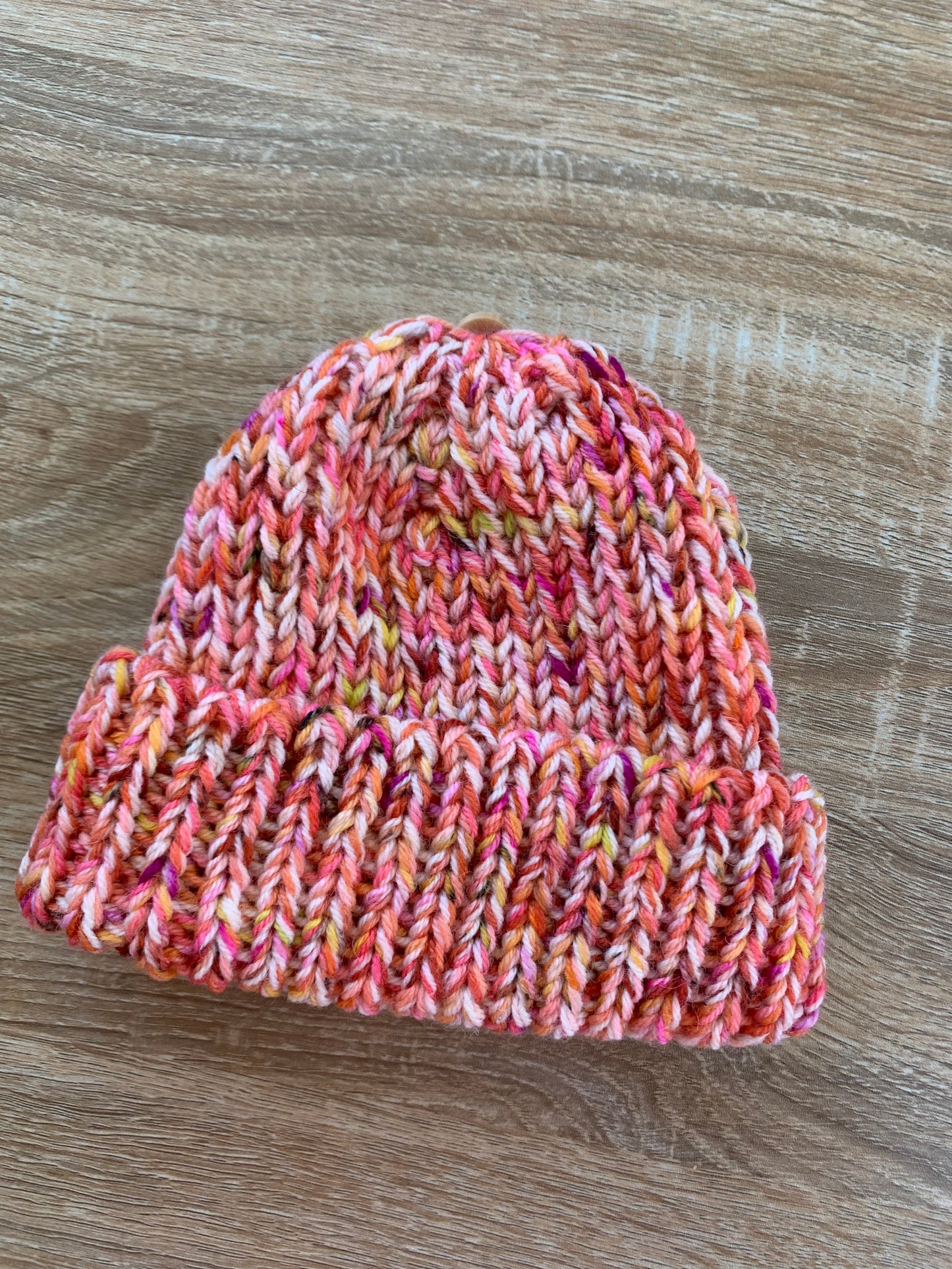 A ‘Born in 2022’ Toddler to Teen knit hat - pink/cream/yellow/peach marled